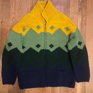 Otalavo 100% Wool Handknit Mens Sweater Ecuador Size M Pockets Green Blue Yellow